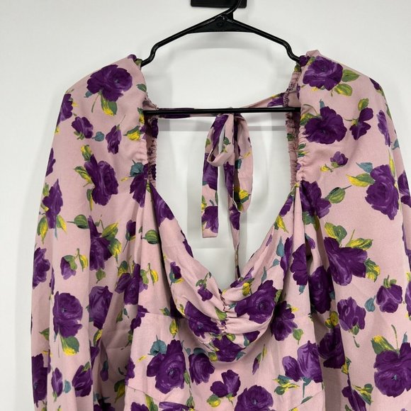 Nasty Gal Dress Purple Floral Print Balloon Sleeve Ruched Mini NWT - Picture 4 of 12
